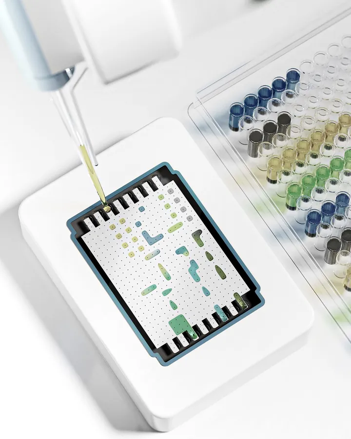 Illustration of a digital microfluidic cartridge on its instrument, with a pipette loading a sample and droplets on the electrode array