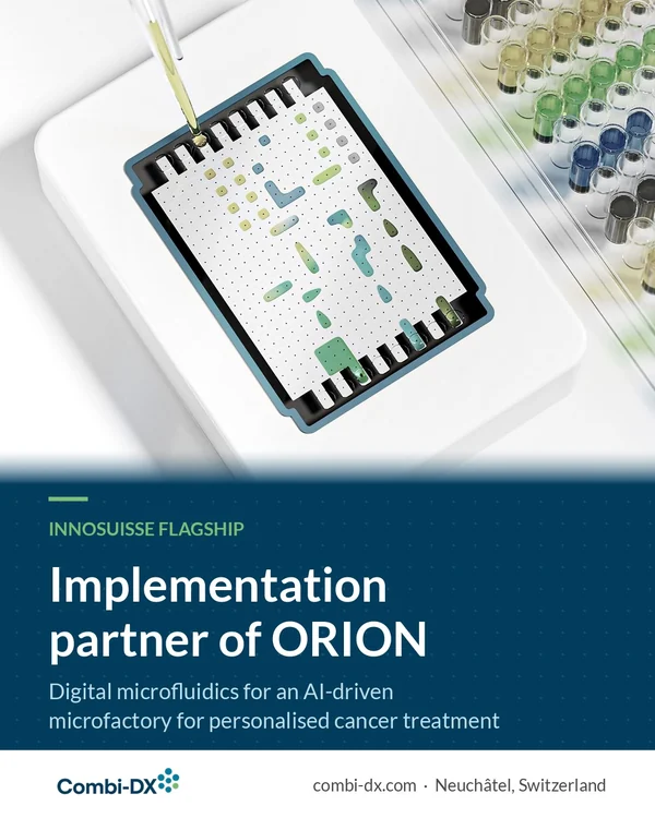Combi-DX, implementation partner of ORION, an Innosuisse Flagship: illustration of a digital microfluidic cartridge